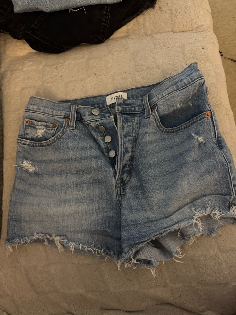 pistola Light Blue High-Rise Distressed Denim Shorts